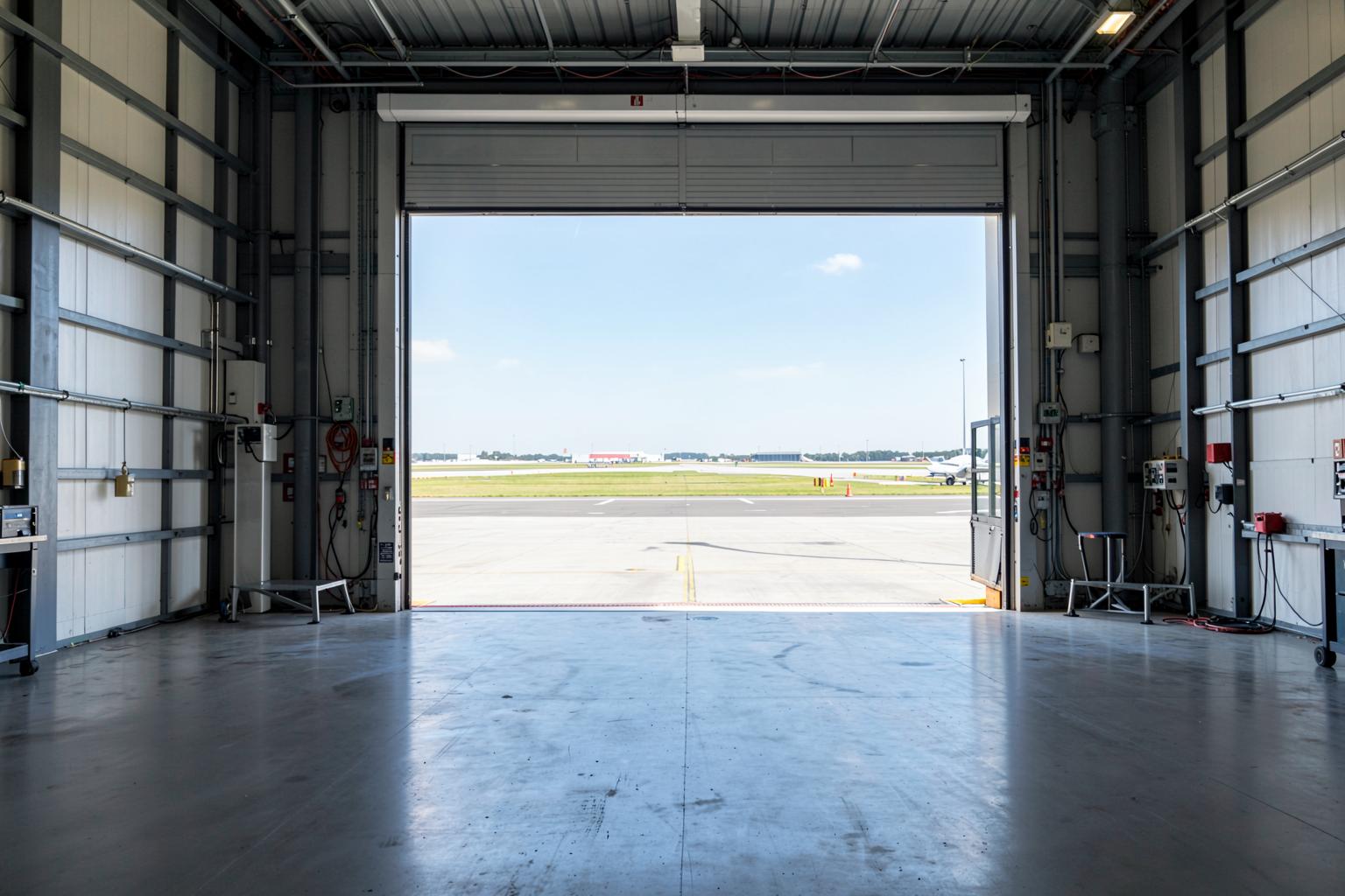 Imagem ilustrativa - interior do hangar com acesso ao pátio